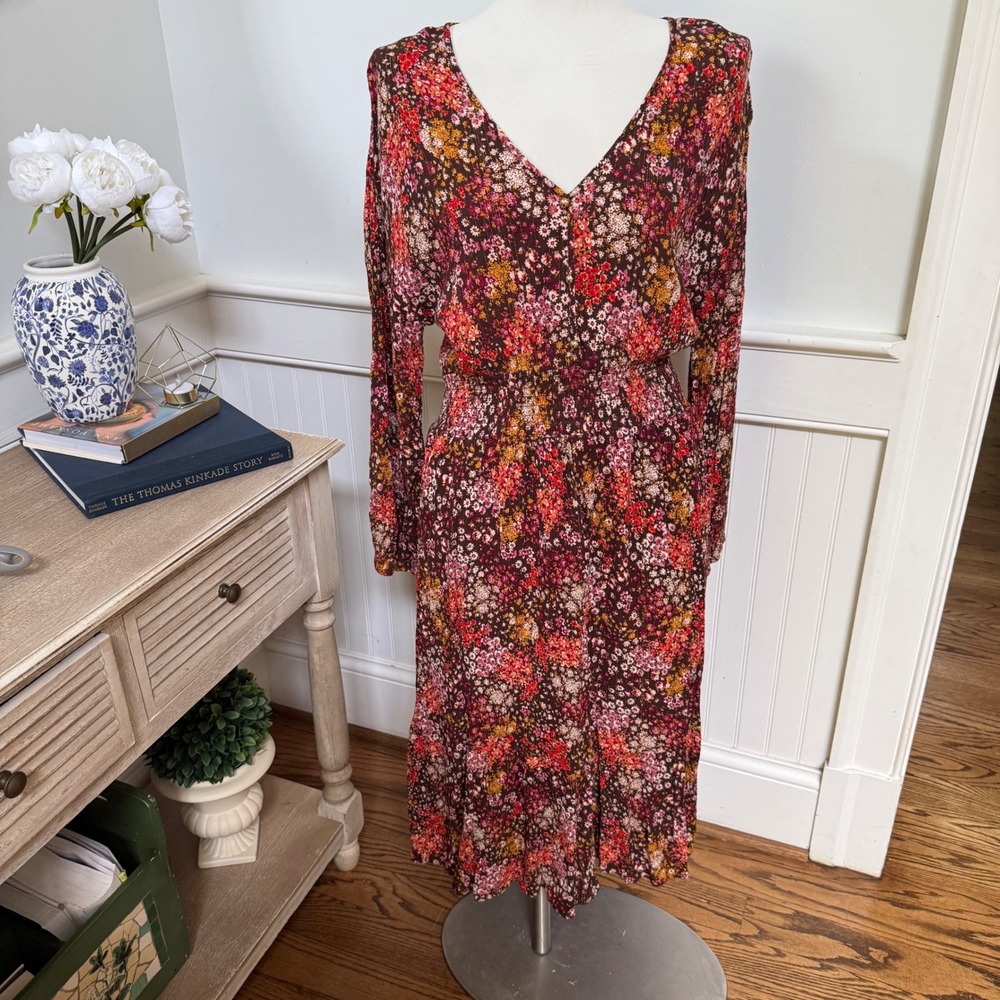 Stitch by Chenault Womens XL‎ Floral Midi Dress Brown Pink V-Neck Smocked Waist